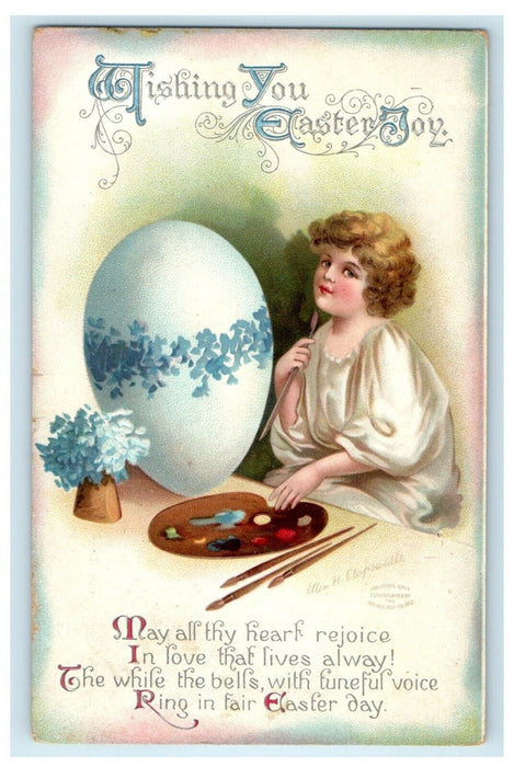 c1910 Easter Girl Painting Egg Palette Flowers Ellen Clapsaddle Signed Postcard