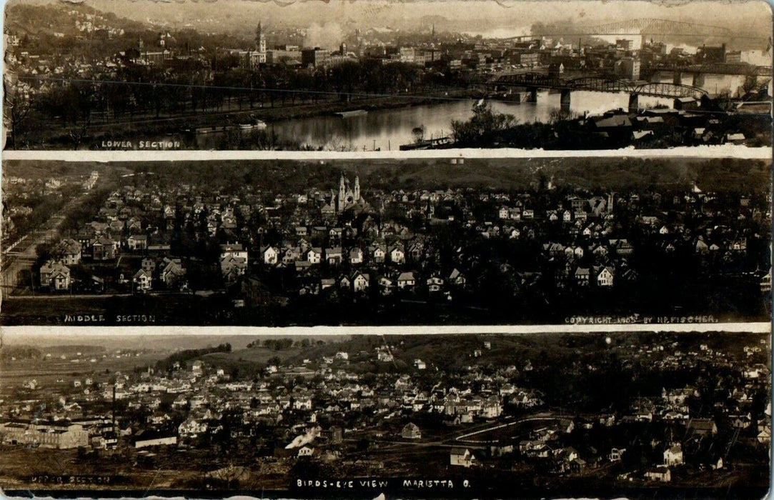 1910 Bird's Eye Multiview Marietta Ohio OH Joy RPPC Photo Posted Postcard