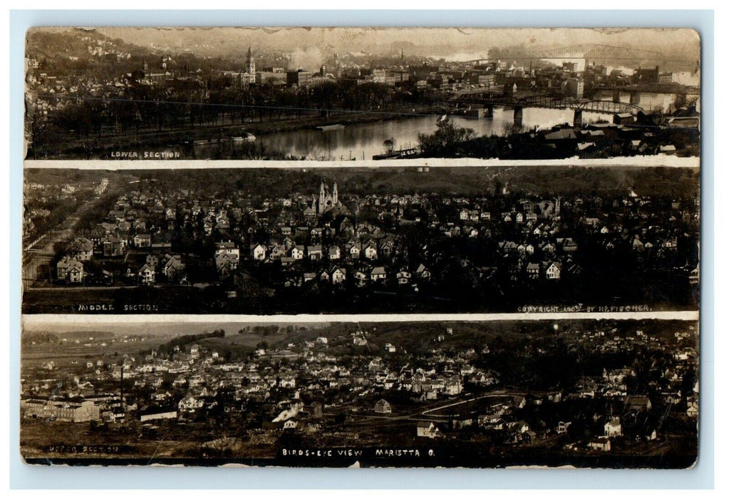 1910 Bird's Eye Multiview Marietta Ohio OH Joy RPPC Photo Posted Postcard