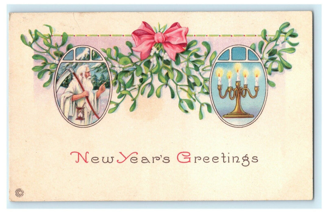 New Year's Stecher Tampico Illinois Father Time c1910 Vintage Antique Postcard