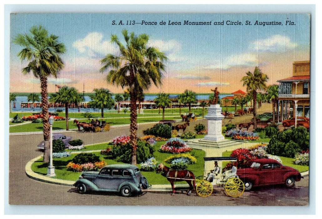 St. Augustine Florida FL, Ponce De Leon Monument And Circle Cars View Postcard