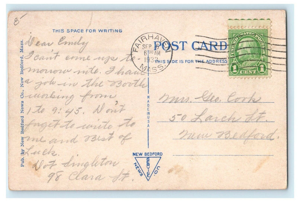 1933 Millicent Rogers Library, Fairhaven Massachusetts MA Postcard