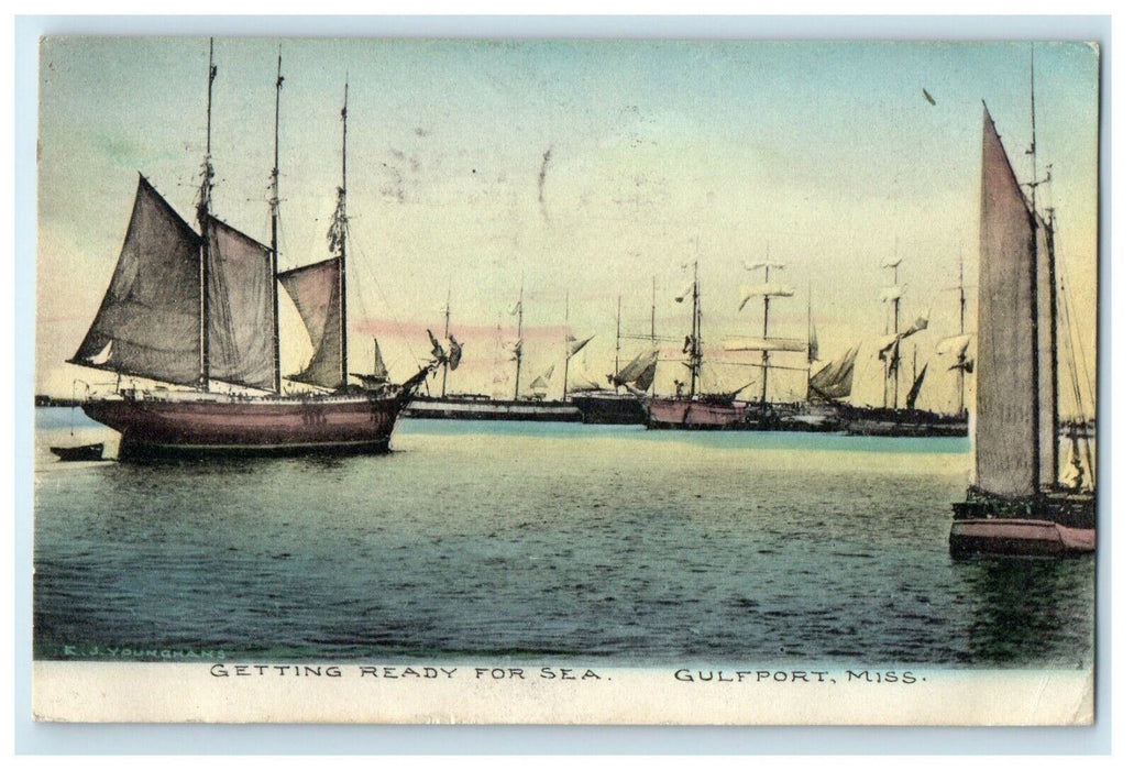 1910 Ready for Sea Gulfport Mississippi MS Sailboat Ships Handcolored Postcard