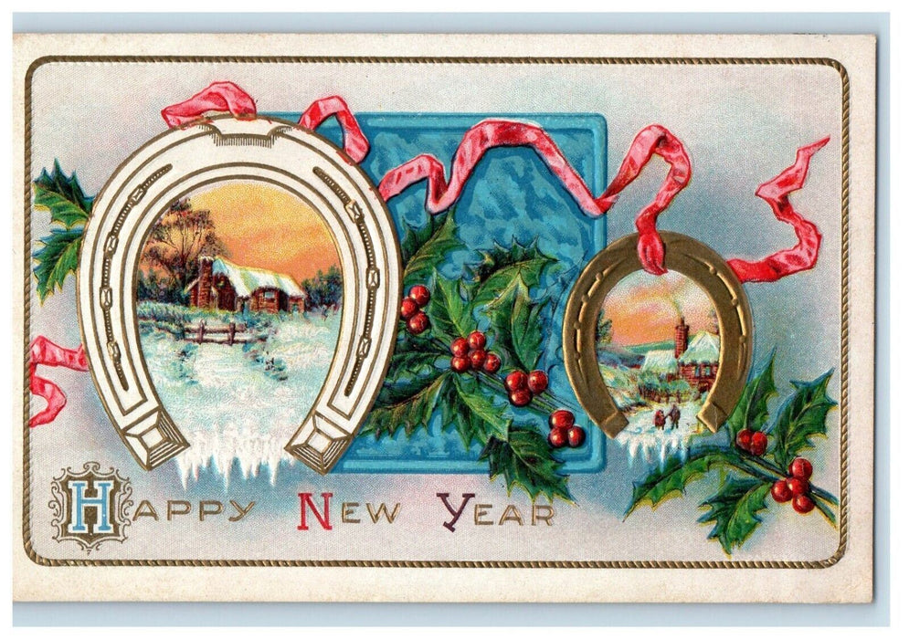 c1910's New Year Horseshoe Winter Snow House Holly Berries Embossed Postcard