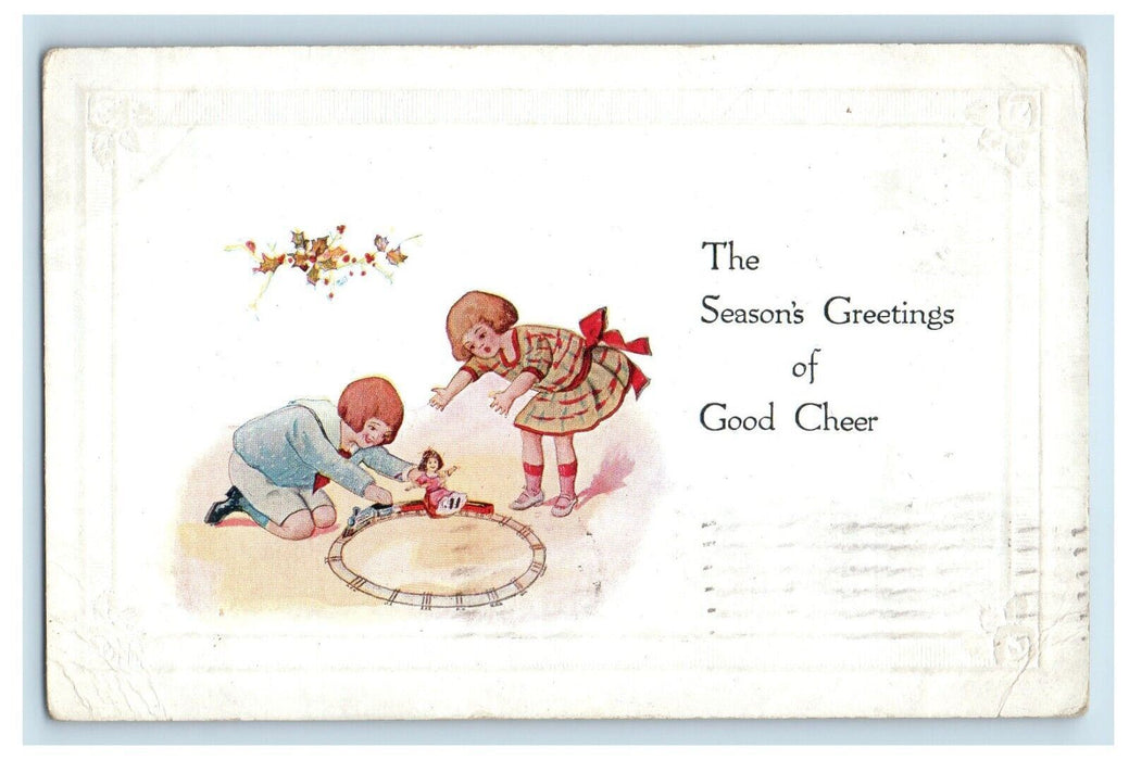 1918 Season's Greetings Two Girls Playing Train Holly Berries Antique Postcard