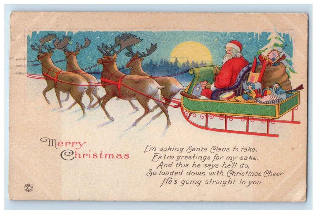 1922 Christmas Santa Claus Reindeer Sledding Toys Cart Portsmouth VA Postcard