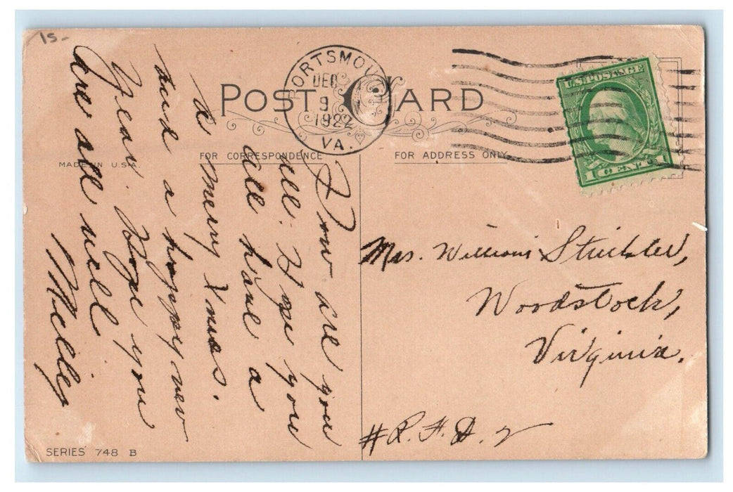 1922 Christmas Santa Claus Reindeer Sledding Toys Cart Portsmouth VA Postcard