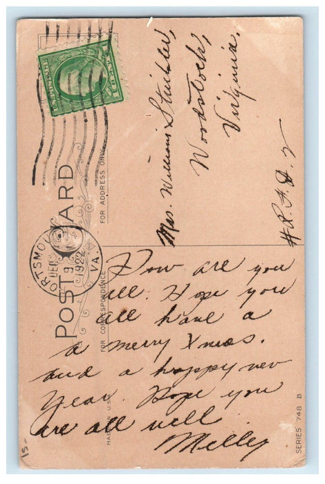 1922 Christmas Santa Claus Reindeer Sledding Toys Cart Portsmouth VA Postcard