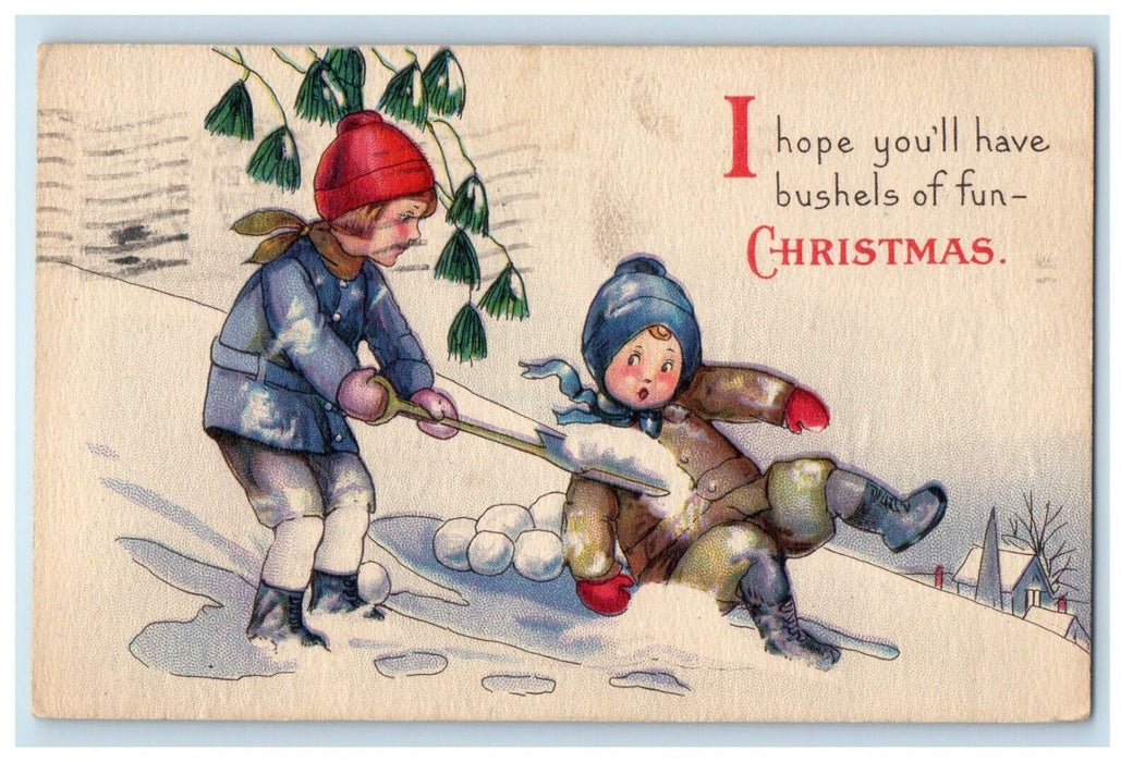 1923 Christmas Boy Girl Playing Snow Ball Winter Shovel Embossed Postcard