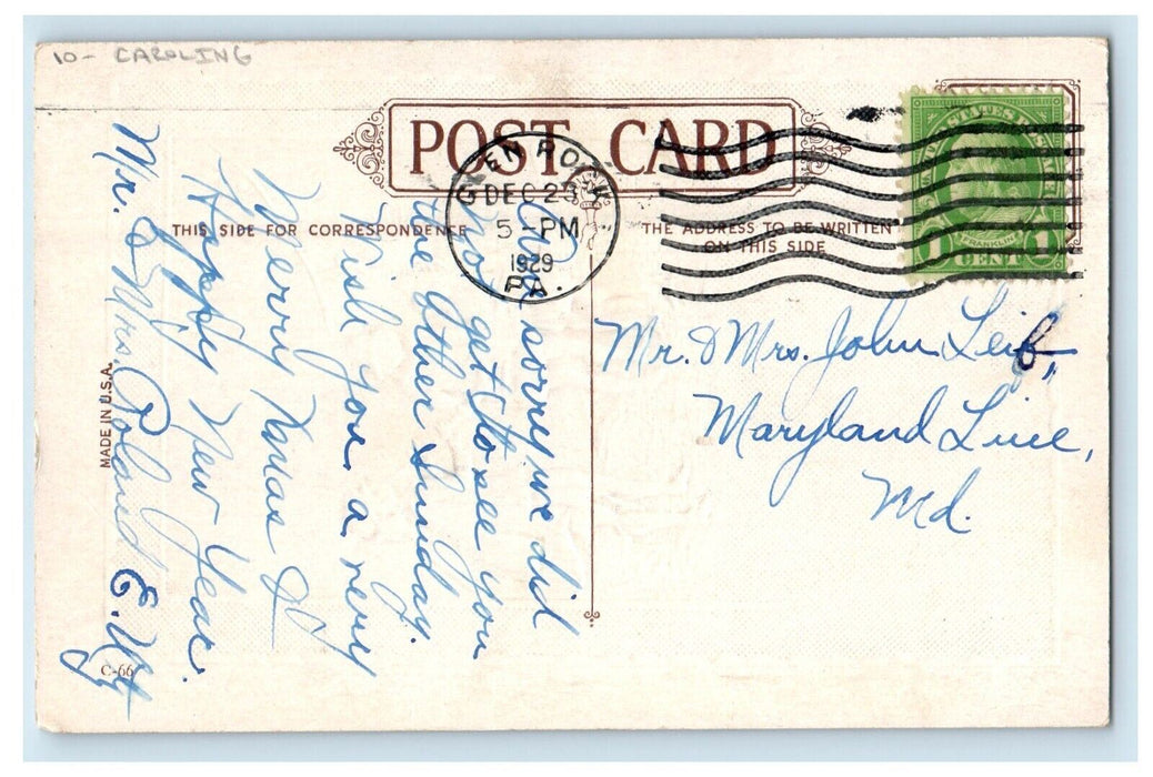 1929 Christmastide Girls Boy Caroling Winter Snow Glen Rock PA Antique Postcard