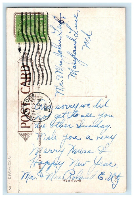 1929 Christmastide Girls Boy Caroling Winter Snow Glen Rock PA Antique Postcard