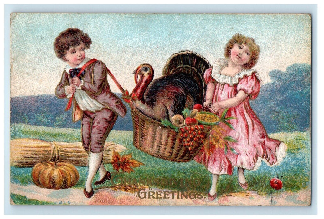 1911 Thanksgiving Greetings Girl Boy Turkey In Basket Pumpkin Embossed Postcard