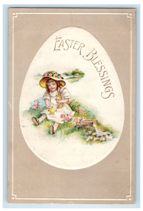 1915 Easter Greetings Giant Egg Girl Bunny Rabbit Flowers Embossed Postcard