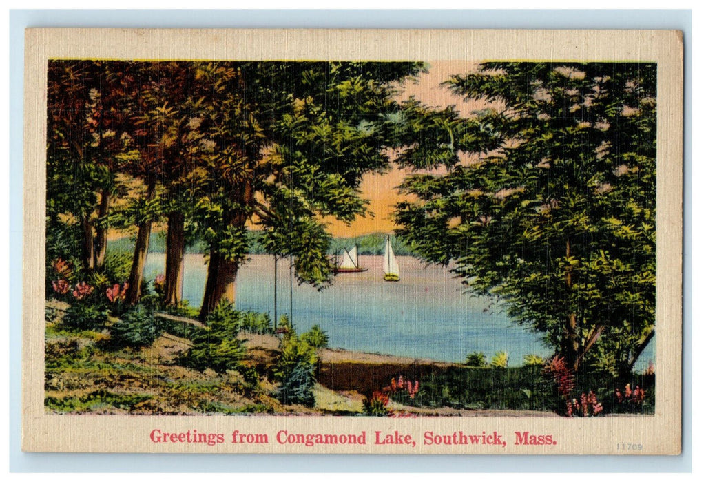 c1930s Boats Sailing, Greetings from Congamond Lake Southwick MA Postcard