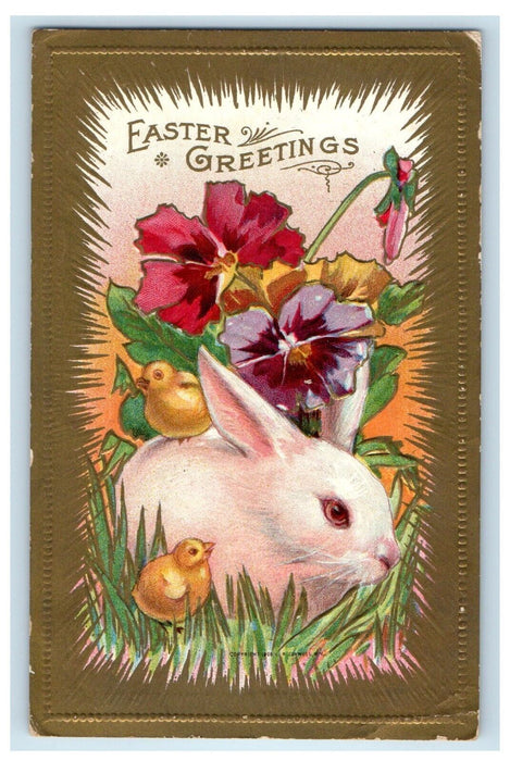 1917 Easter Greetings Rabbit Chicks Flowers Embossed Stateline MA Postcard