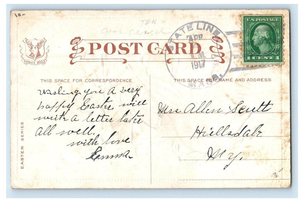 1917 Easter Greetings Rabbit Chicks Flowers Embossed Stateline MA Postcard