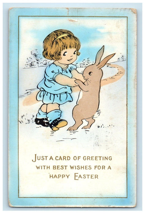 1916 Easter Greetings Little Girl Dancing Bunny Rabbit Posted Antique Postcard