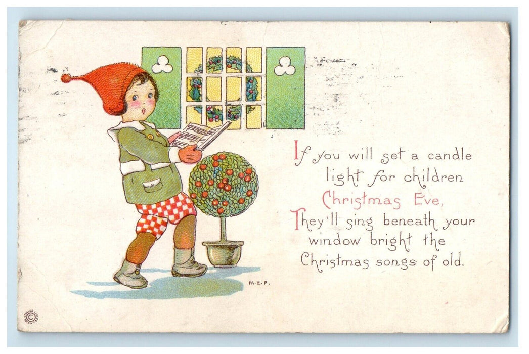 1922 Christmas Little Boy Red Hat Caroling Portsmouth Virginia VA Postcard