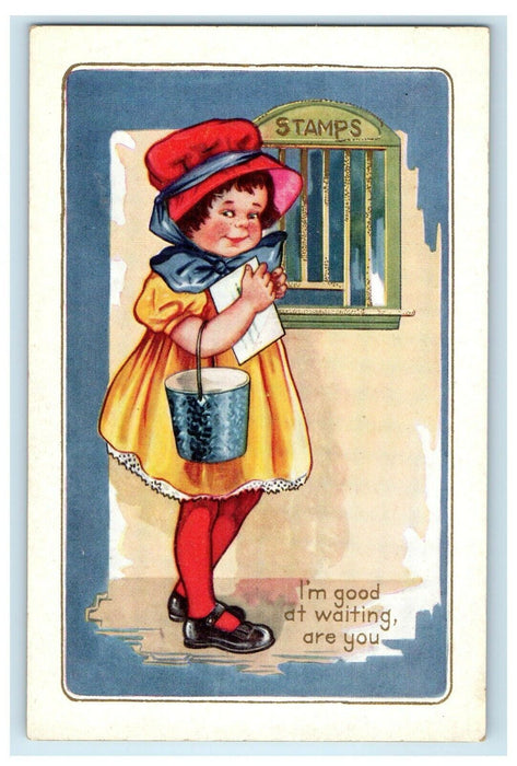 c1910 Valentine Girl In Dress Buying Stamps Embossed Unposted Antique Postcard