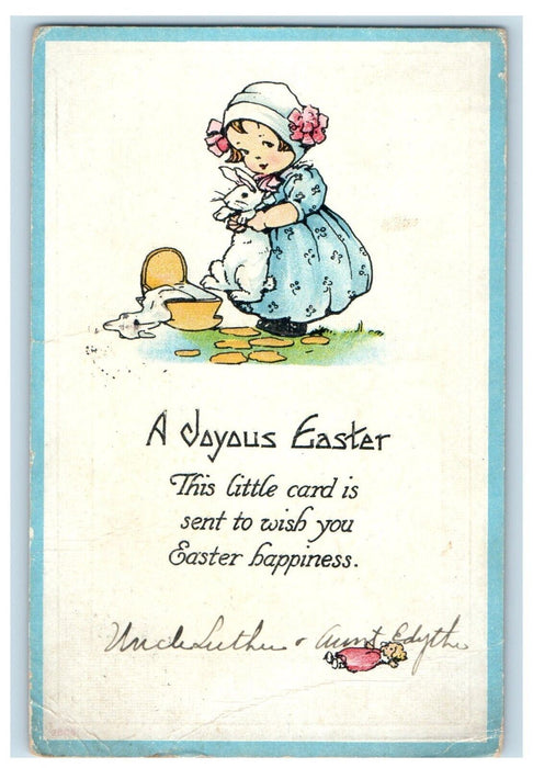 1916 Joyous Easter Little Girl Bunny Rabbit Chicago Illinois IL Antique Postcard