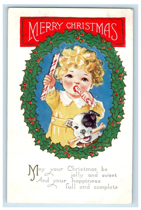 c1910's Merry Christmas Wheat Cute Girl Candy Cane Dog Bone Embossed Postcard