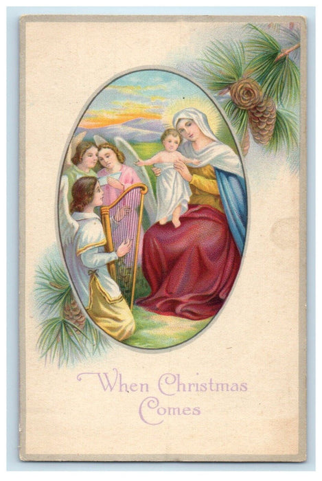 c1910's Christmas Angels Mary Harp Pine Cone Religious Unposted Antique Postcard