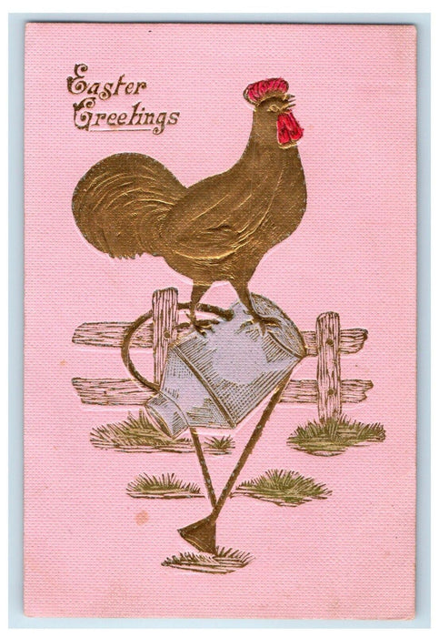 1908 Easter Greetings Chicken Rooster Fence Ashville New York NY Postcard