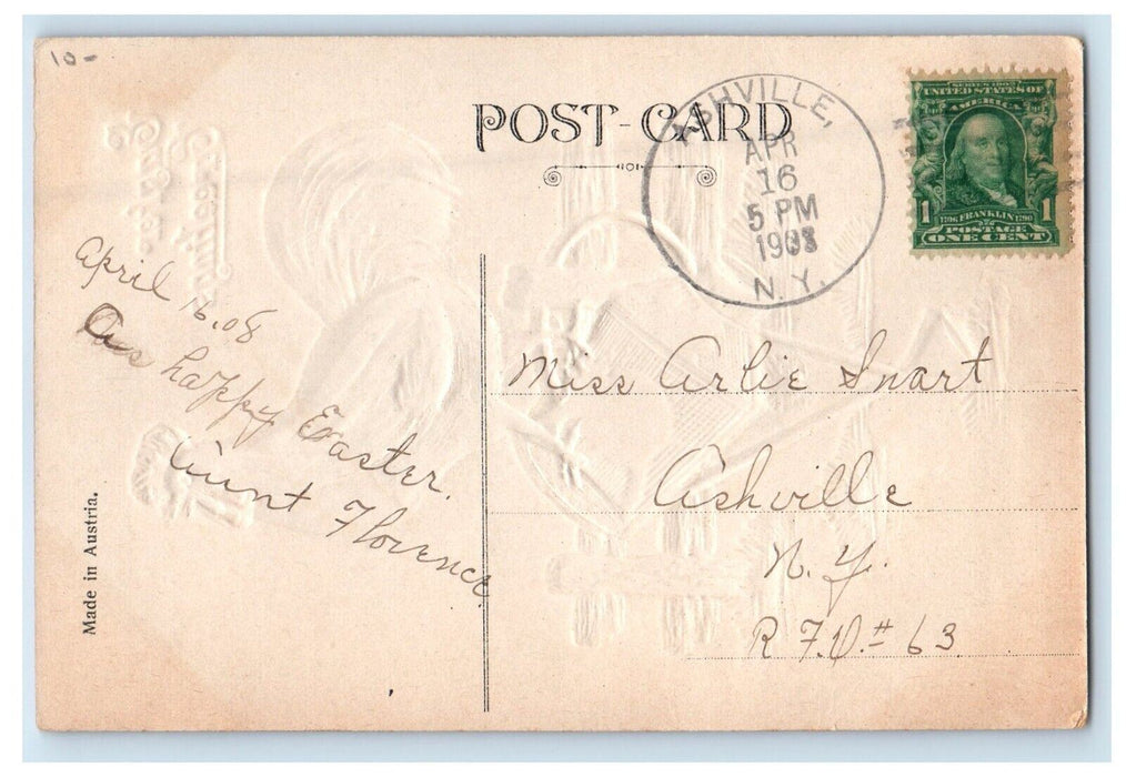 1908 Easter Greetings Chicken Rooster Fence Ashville New York NY Postcard