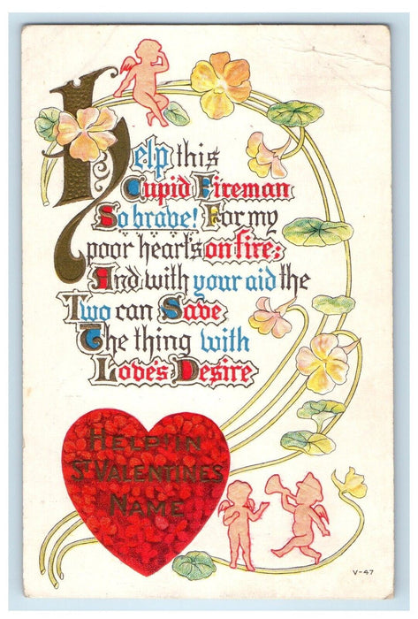 1924 Valentine Heart Cupid Angels Poem Flowers Embossed Posted Antique Postcard