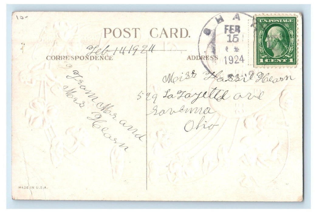1924 Valentine Heart Cupid Angels Poem Flowers Embossed Posted Antique Postcard