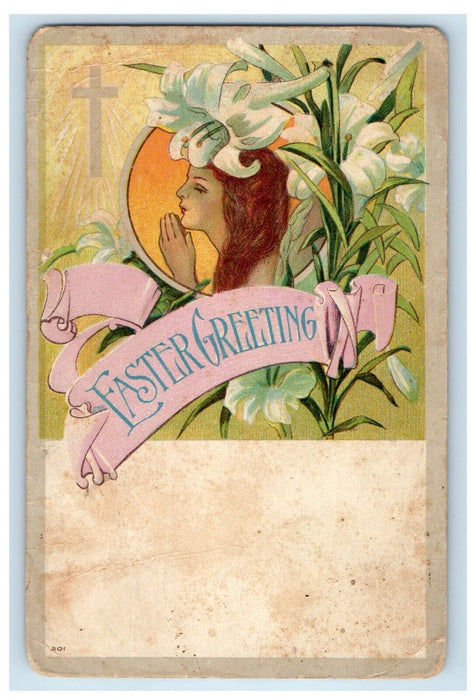 1910 Easter Greetings Girl White Lily Flowers Art Nouveau Embossed Postcard