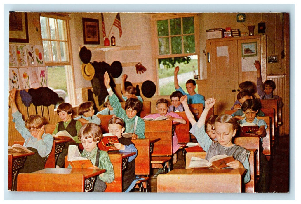 1969 Greetings from The Penna Dutch Country Amish Children at School Postcard