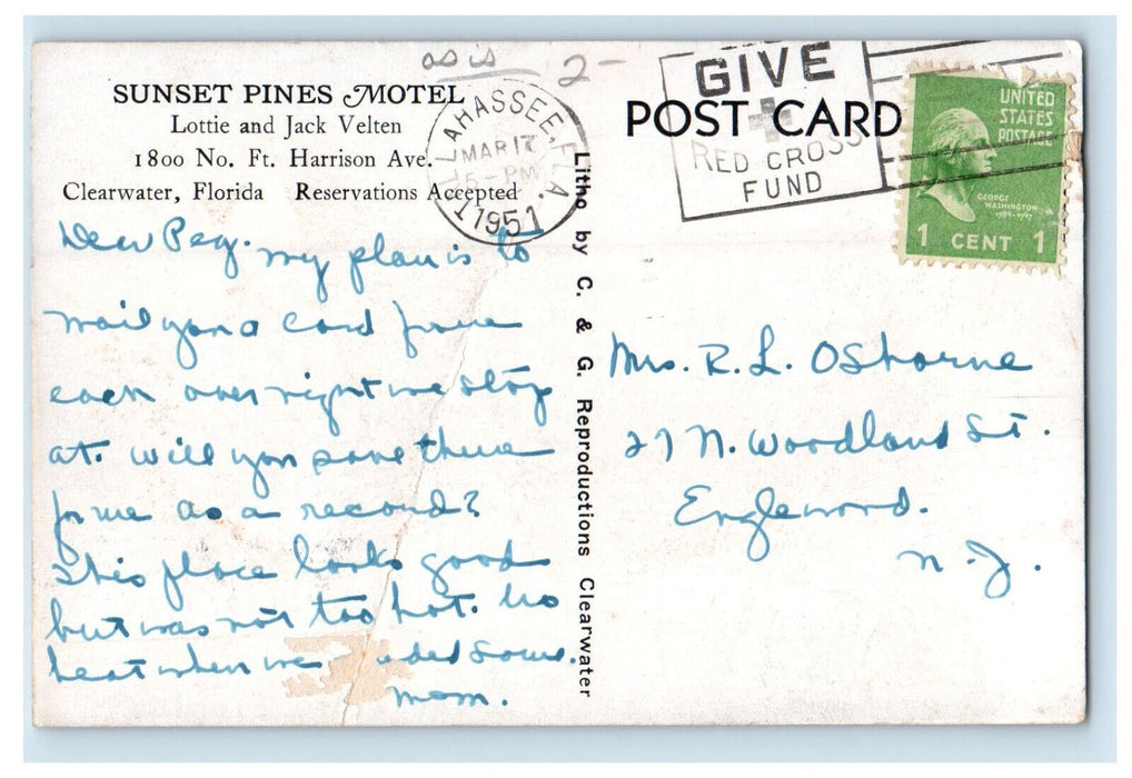 1951 Sunset Pines Hotel, Harrison Ave. Clearwater Florida FL Cancel Postcard