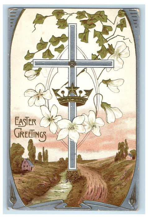 1910 Easter Greetings Cross Crown White Flowers Embossed Posted Antique Postcard