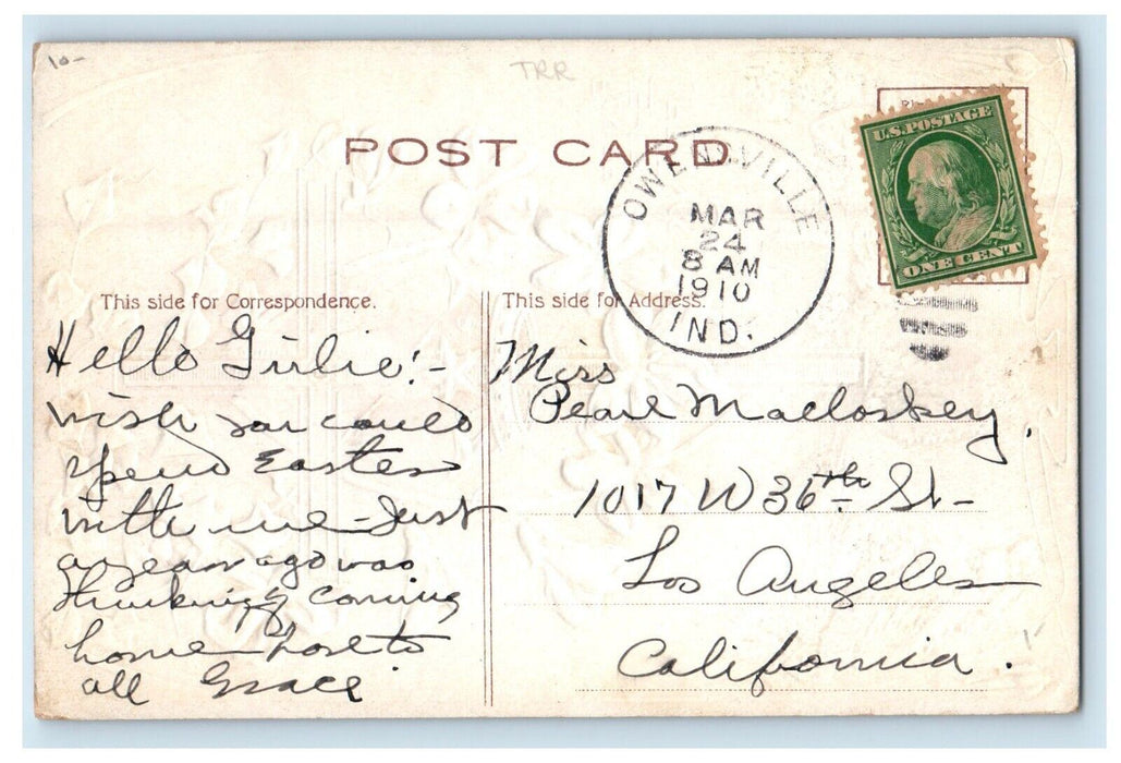 1910 Easter Greetings Cross Crown White Flowers Embossed Posted Antique Postcard