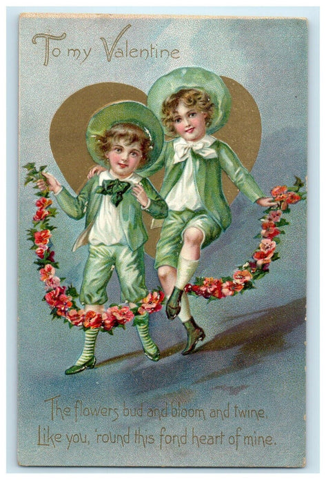 Valentine Tuck's Two Boys Skip With Rope Of Red Flowers Embossed Postcard