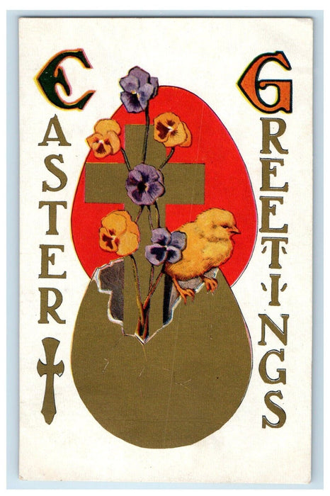 1910 Easter Greetings Hatched Egg Cross Chicks Flowers Posted Antique Postcard