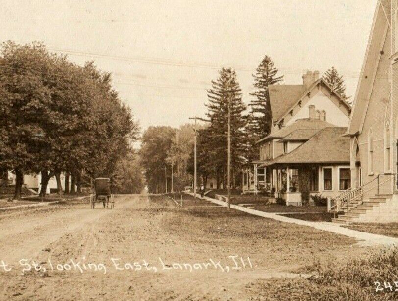 1922 Locust Street Lanark Illinois RPPC Photo Dirt Road Horse Carriage Postcard
