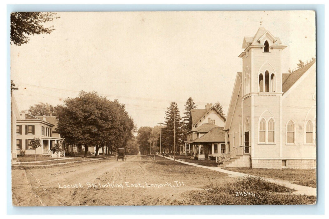 1922 Locust Street Lanark Illinois RPPC Photo Dirt Road Horse Carriage Postcard