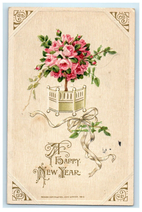 1911 New Year John Winsch Pink Flowers In Topiary Ribbon Embossed Postcard