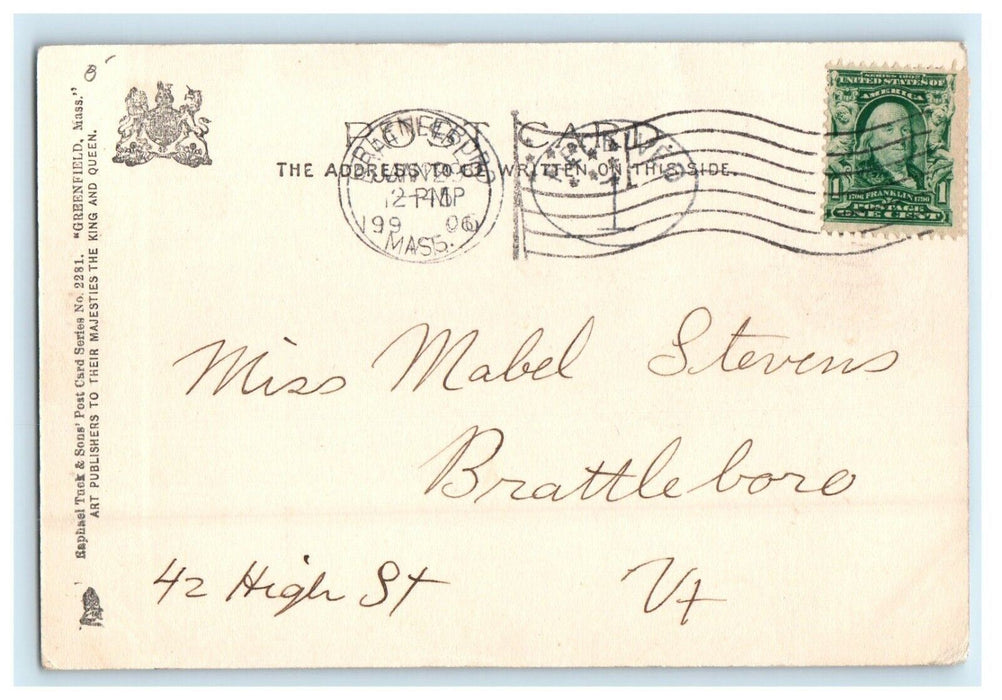 1906 Tuck's Main Street View Greenfield Massachusetts MA Posted Antique Postcard