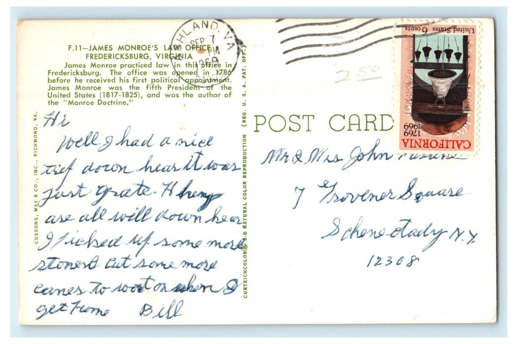 1969 James Monroe's Law Office Fredericksburg, Virginia VA Posted Postcard