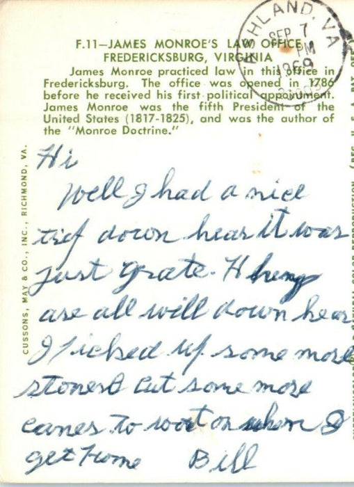 1969 James Monroe's Law Office Fredericksburg, Virginia VA Posted Postcard