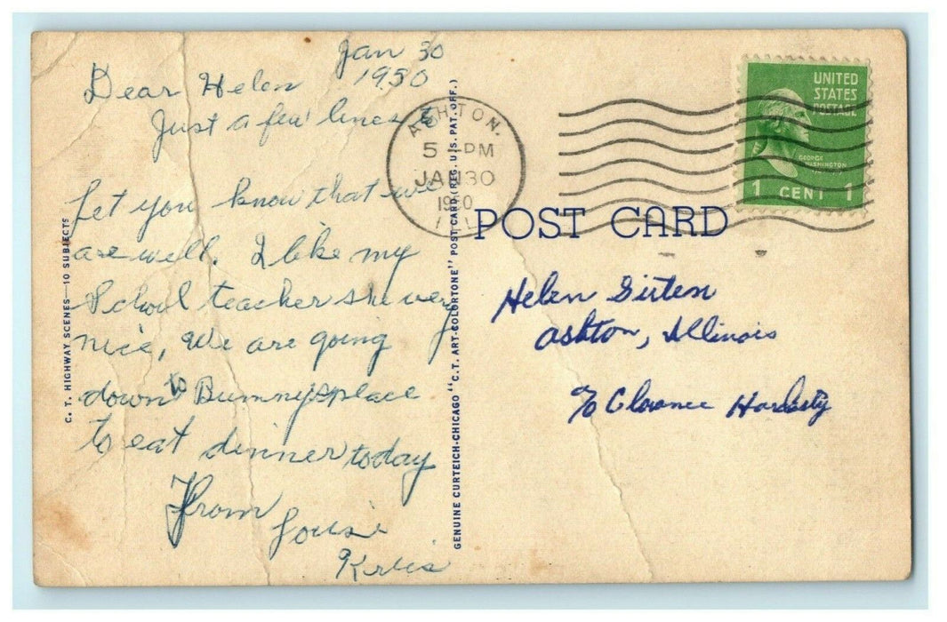 Greetings From Ashton Illinois Autumn 1950 Vintage Antique Postcard