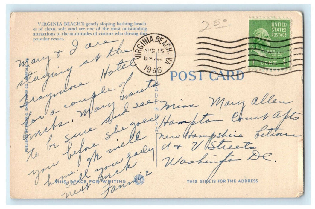 1946 General View of Beach and Promenade, Virginia Beach, Virginia VA Postcard