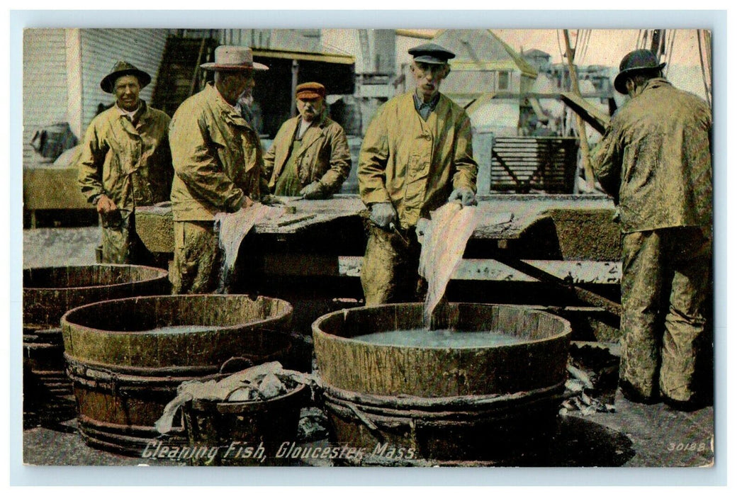 1910 Cleaning Fish in, Gloucester, Massachusetts MA Antique Postcard