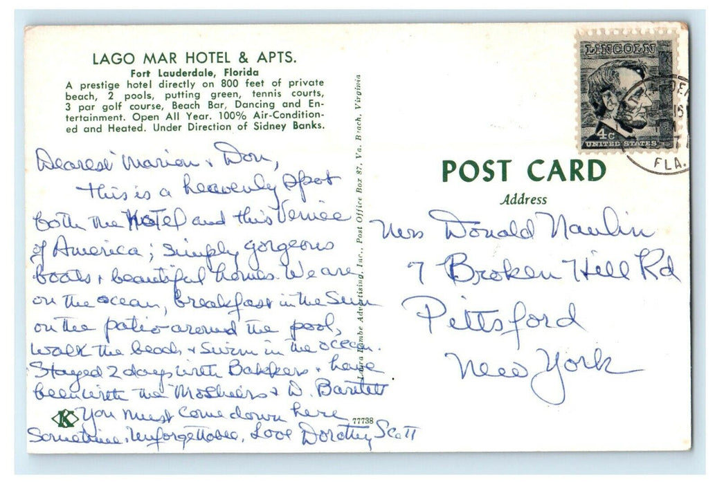 1967 Lago Mar Hotel & Apartments Night View Fort Lauderdale Florida FL Postcard
