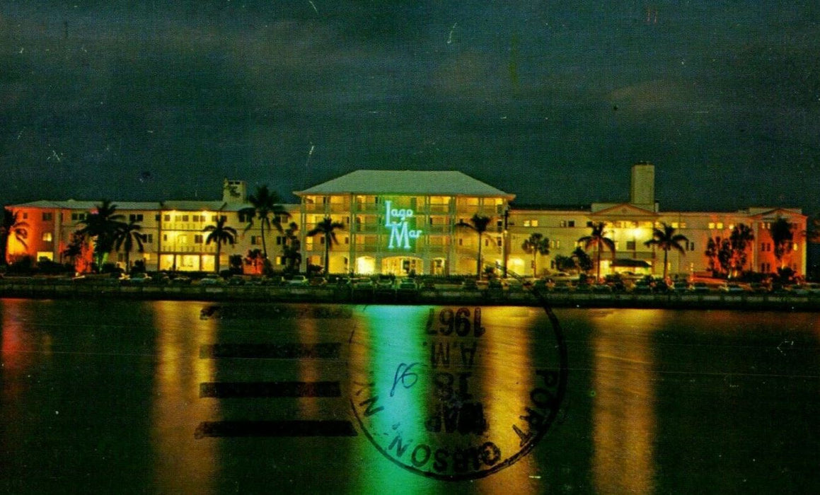 1967 Lago Mar Hotel & Apartments Night View Fort Lauderdale Florida FL Postcard
