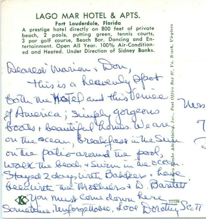 1967 Lago Mar Hotel & Apartments Night View Fort Lauderdale Florida FL Postcard