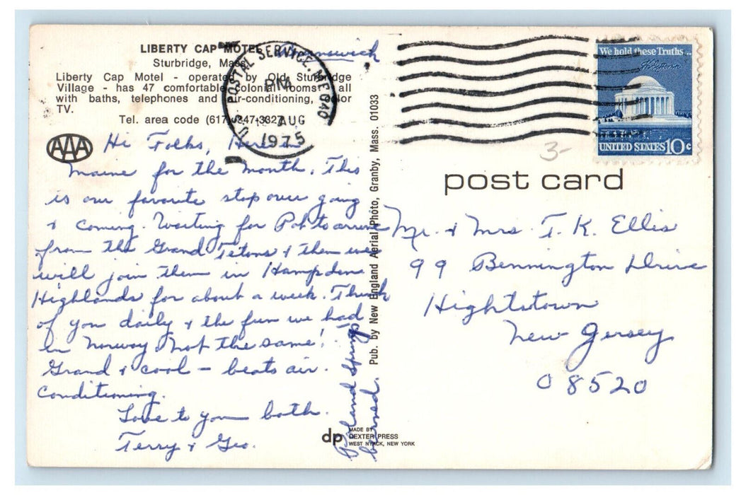 1975 Liberty Cap Motel Sturbridge Massachusetts MA Vintage Postcard